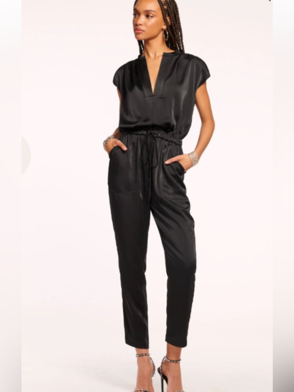 Ramy Brook XS Black Satin Hudson V-Neck Drawstring Jumpsuit